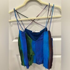 Zara Women’s Crop Top Flare Blue/Green Pearls Bottom Sz XS New With Tags